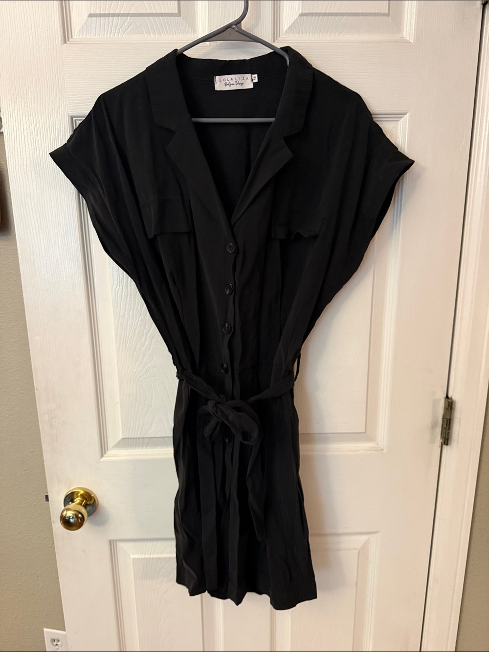 Black Button-Front Shirt Dress with Tie Waist